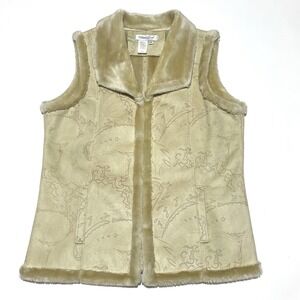 Coldwater Creek Paisley Faux Suede‎ Faux Fur Vest Women's Medium Beige